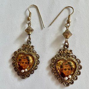 1928 Brand Vintage Style Gold Tone Heart Cherub Dangle Costume Earrings